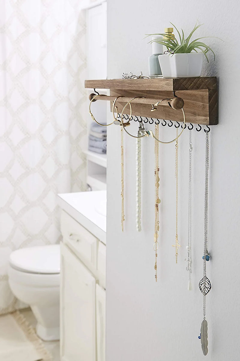 Rustic Necklace Jewelry Organizer - Wall Mount Jewelry Holder - Mounted Hanging Jewelry Storage Hooks for Necklace, Earrings, and Rings - Farmhouse Wood Decor Bedroom Boho Shelf Rack