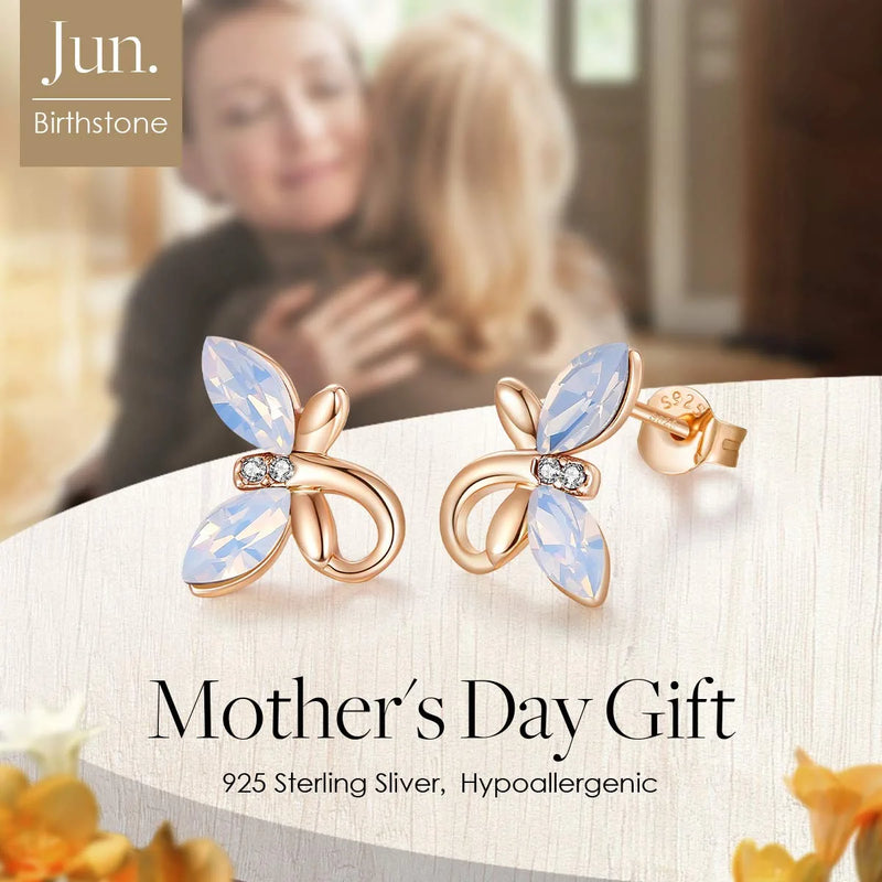 Birthstone Jewelry for Teen Girls Hypoallergenic Butterfly Stud Earrings for Mom Sparkling Austrian Crystals 925 Sterling Silver Earring for Girls Birthday Mother'S Day Jewelry Gifts