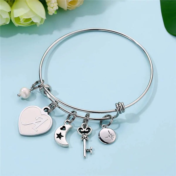 Initial Charm Bracelets for Women Gifts - Engraved 26 Letters Initial Charms Bracelet Stainless Steel Bangle Bracelet Birthday Christmas Jewelry Gift for Women Teen Girls