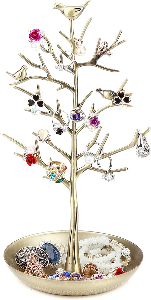 Jewelry Tree Necklace Earring Holder Modern Cute Bird Jewelry Stand for Women Girls Teen Gold