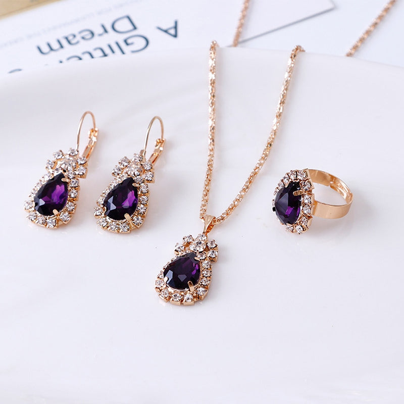 Luxury Water Drop Rhinestone Necklace Earrings Ring Set Shiny Fashion Elegant Women Bridal Jewelry Sets