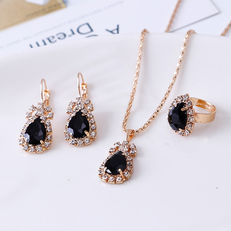 Luxury Water Drop Rhinestone Necklace Earrings Ring Set Shiny Fashion Elegant Women Bridal Jewelry Sets