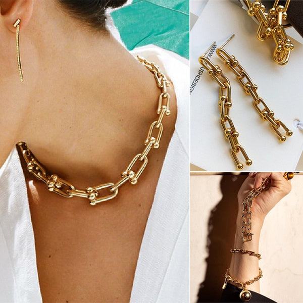 Buckle Stitching Chain Bracelet Anklet Necklace Earrings