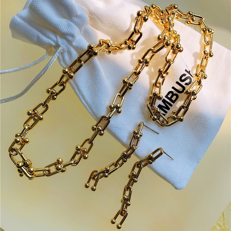 Buckle Stitching Chain Bracelet Anklet Necklace Earrings