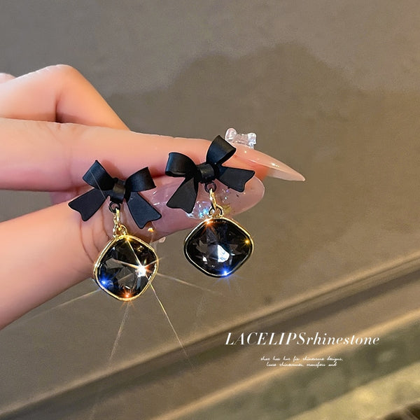 Mystic Black Jewel Bow Dangle Earrings for Women