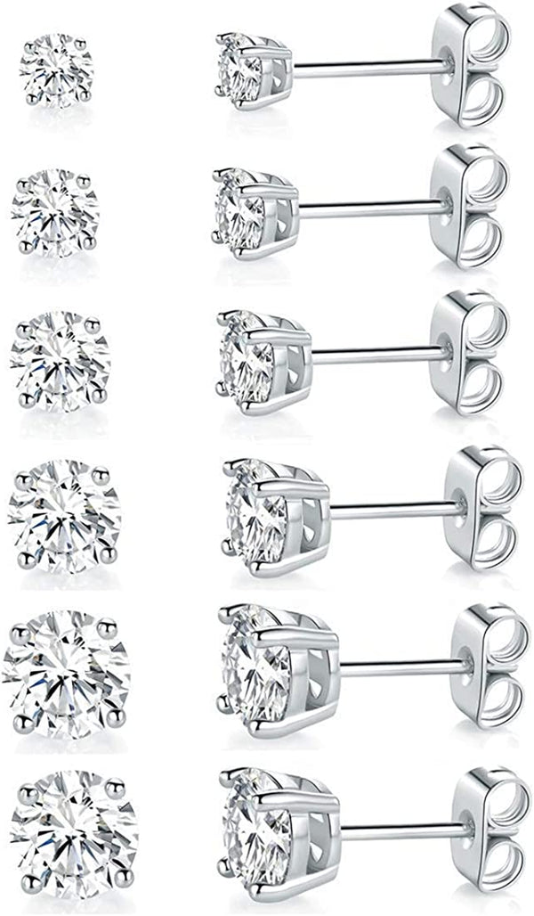 18K White Gold Plated 4 Pong round Clear Cubic Zirconia Stud Earring Pack of 6 Pairs (6 Pairs)