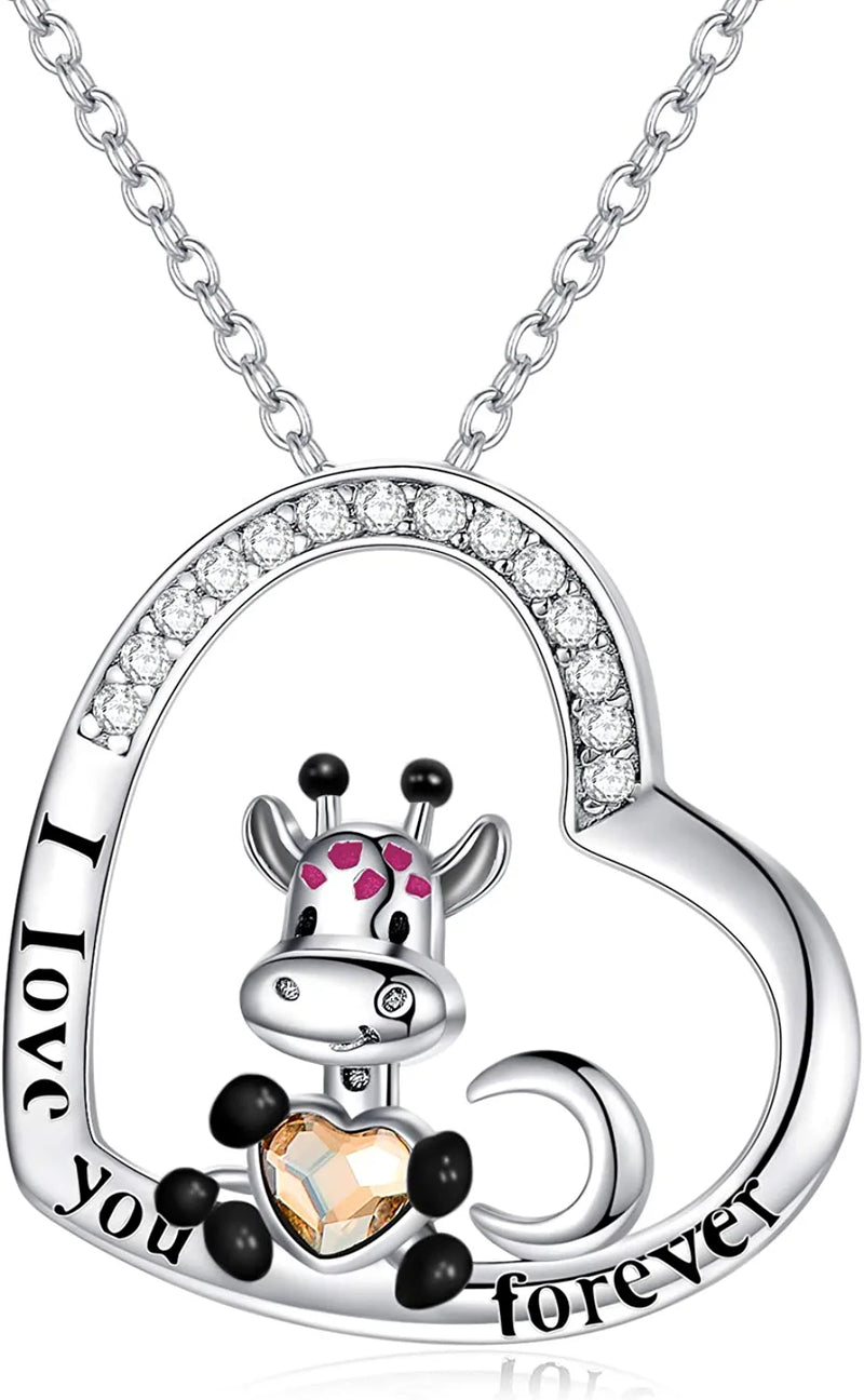 Cute Giraffe Elephant Koala Animal Necklace Sterling Silver Heart Giraffe Pendant with Crystals from Austria - I Love You Forever, Birthday Anniversary Giraffe Elephant Jewelry Gift for Women