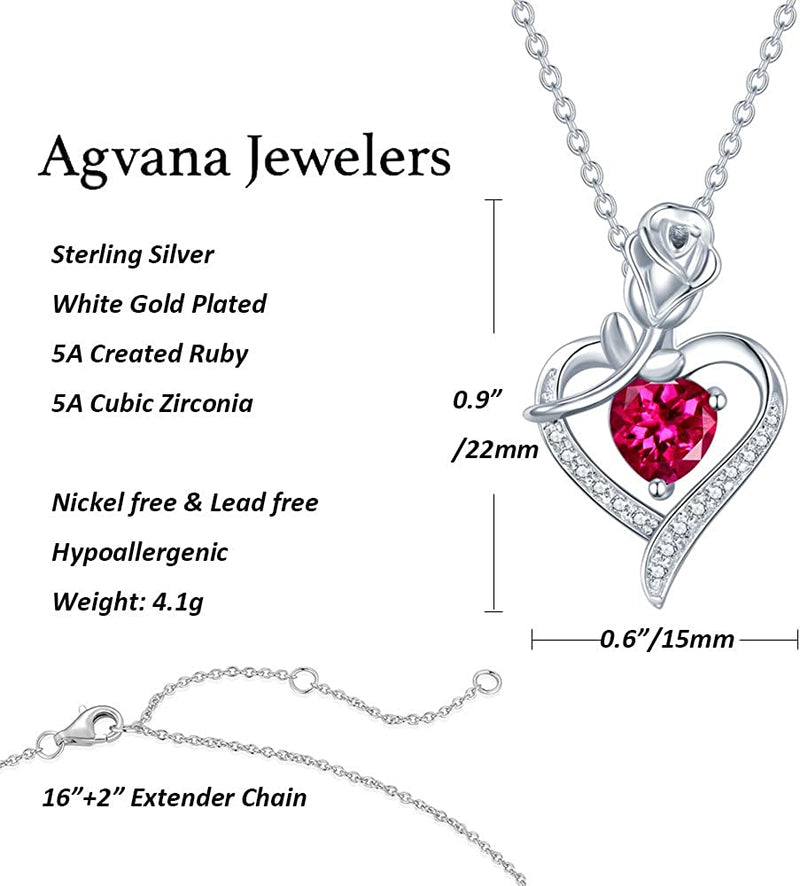 Fine Jewelry Birthstone Necklace Christmas Gifts for Women Sterling Silver Genuine or Created Gemstone Rose Flower Heart Pendant Necklace Anniversary Birthday Gifts for Women Girls Mom Lady Her