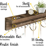 Rustic Necklace Jewelry Organizer - Wall Mount Jewelry Holder - Mounted Hanging Jewelry Storage Hooks for Necklace, Earrings, and Rings - Farmhouse Wood Decor Bedroom Boho Shelf Rack