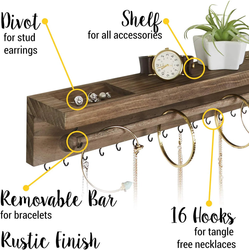 Rustic Necklace Jewelry Organizer - Wall Mount Jewelry Holder - Mounted Hanging Jewelry Storage Hooks for Necklace, Earrings, and Rings - Farmhouse Wood Decor Bedroom Boho Shelf Rack