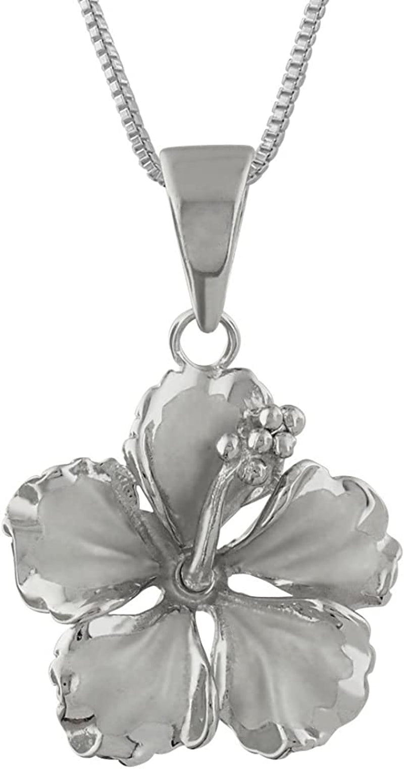 Sterling Silver 17Mm Hibiscus Pendant Necklace, 16+2" Extender